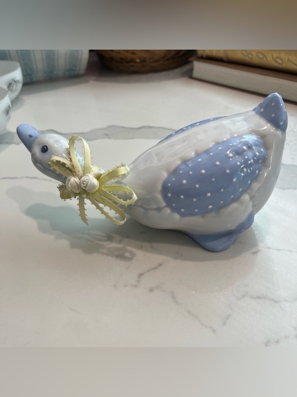 Duck Blue White Polka Dot Ceramic Figurine with Ribbon Bow Country Decor Granny